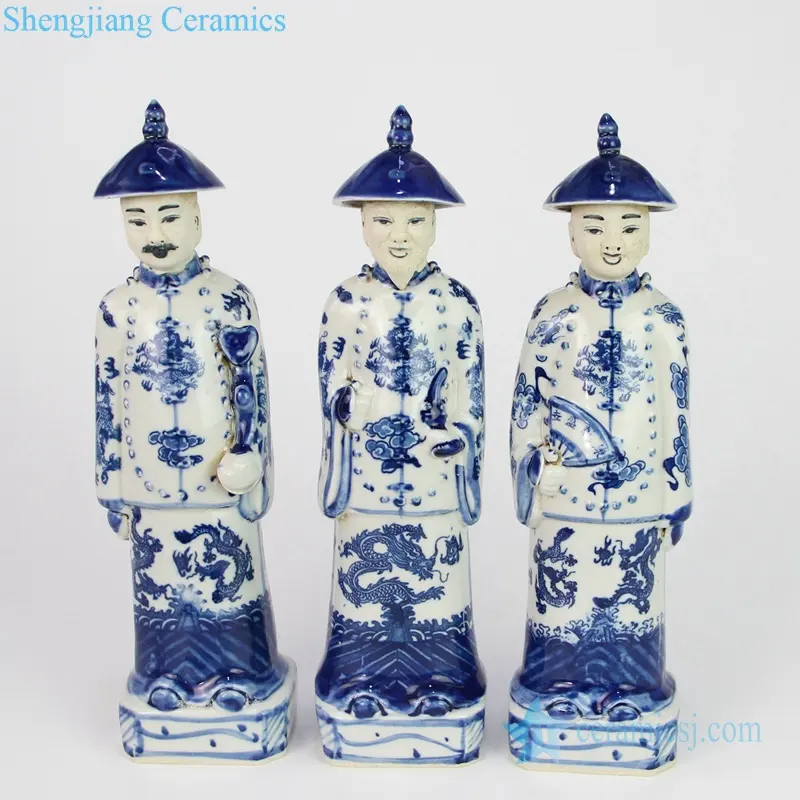 RZKC23 नीले और सफेद चीनी 3 सम्राटों चीनी मिट्टी के बरतन मूर्ति