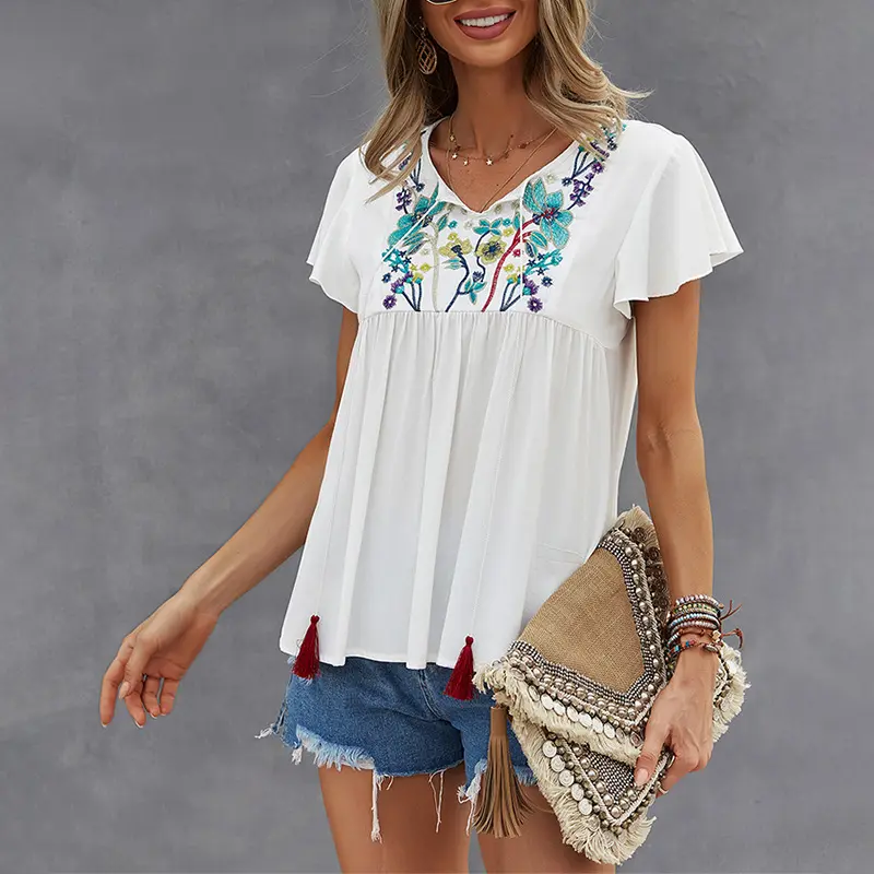 OEM-Camiseta de lino y algodón bordada para vacaciones, top sexy Vintage 70s, blusas Hippie bohemias con bordado Floral étnico