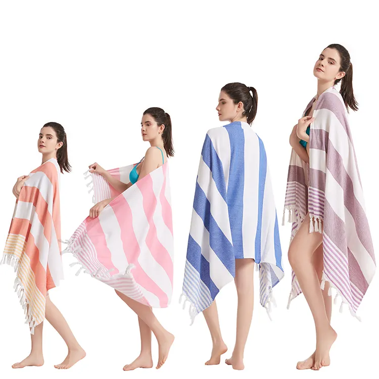 Toalha de tecido turco personalizada de algodão premium personalizável listrado com borla toalha de banho