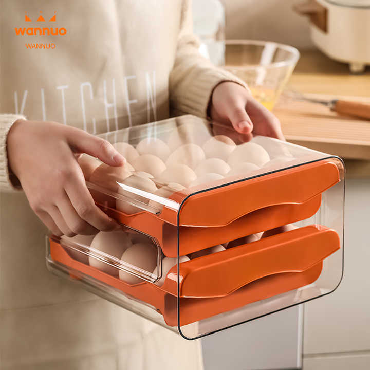 Wannuo Kitchen 32 Capacity 2-layers Egg Box Drawer Type Refrigerator Egg Organizer Stackable Plastic