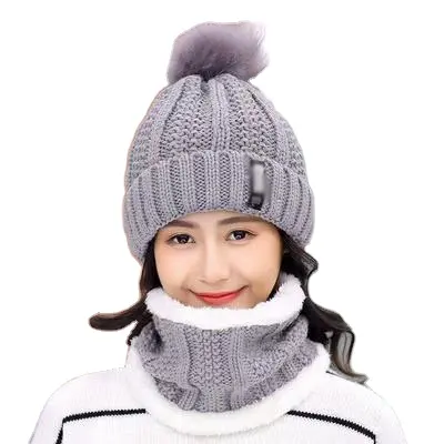 Set di cappelli e sciarpe da donna in maglia calda da donna Set di cappelli e sciarpe da donna per adulti peluche berretto invernale tinta unita da donna in rilievo vedere immagini