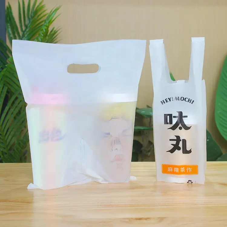LOKYO özel baskılı boba çayı take away ambalaj poşetleri biyolojik olarak parçalanabilir tek kullanımlık şeffaf plastik torba