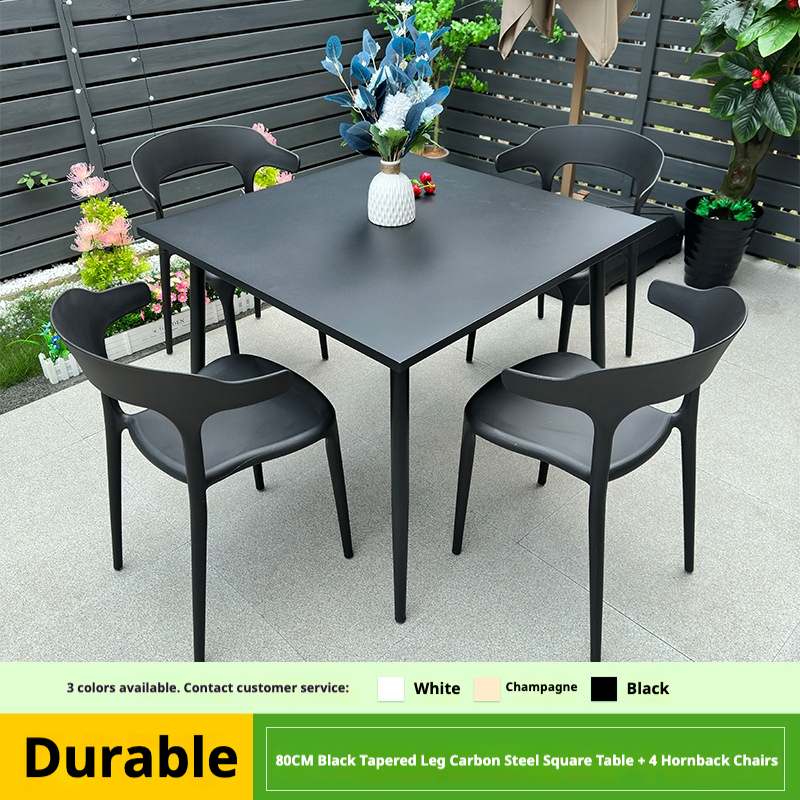 80cm black cone foot steel square table with 4 corner chairs