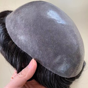 批发天然发际线薄皮PU基男士发片人头马印度头发1B20盐和胡椒色男士头发假发