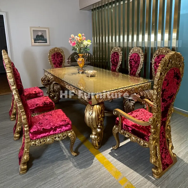 Set di sala da pranzo in oro stile barocco intagliato a mano sedia da pranzo reale Set tavolo in vetro