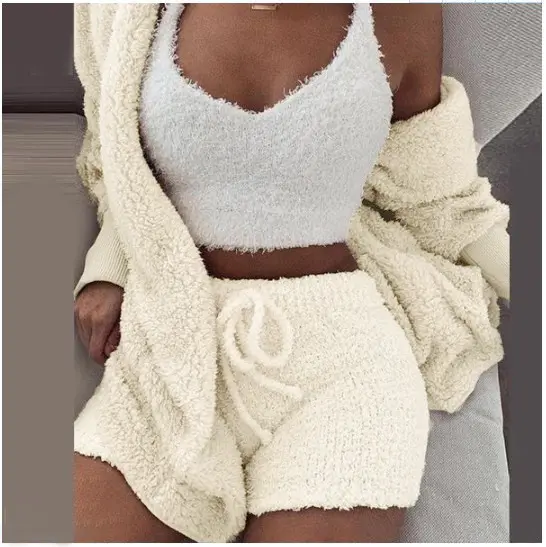 Comfortable Material Women Clothing Shorts 3pcs Set Plush Three Piece Pajamas Sets