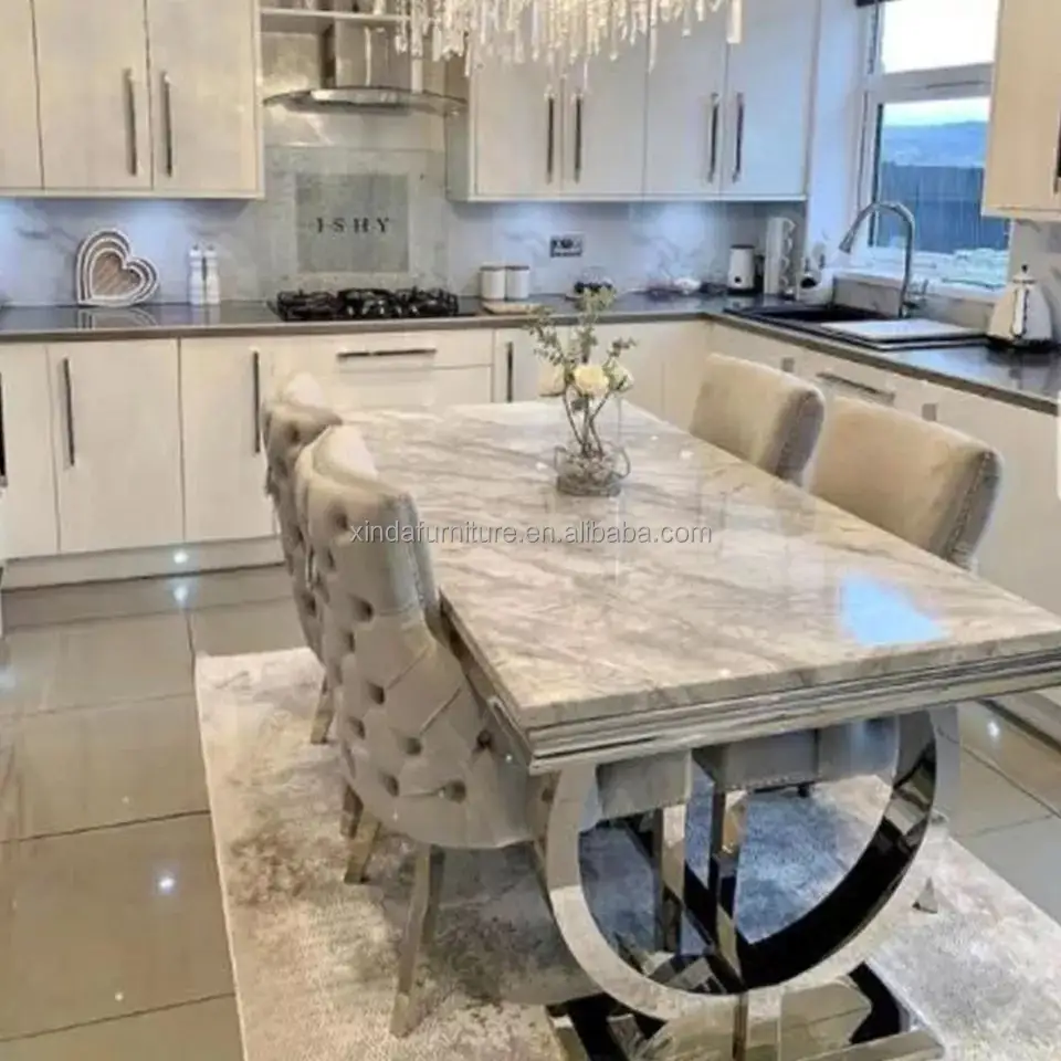 Mobiliário moderno cozinha mesa de jantar, 6 cadeiras de luxo restaurante de metal aço inoxidável mármore sala de jantar tabelas de jantar