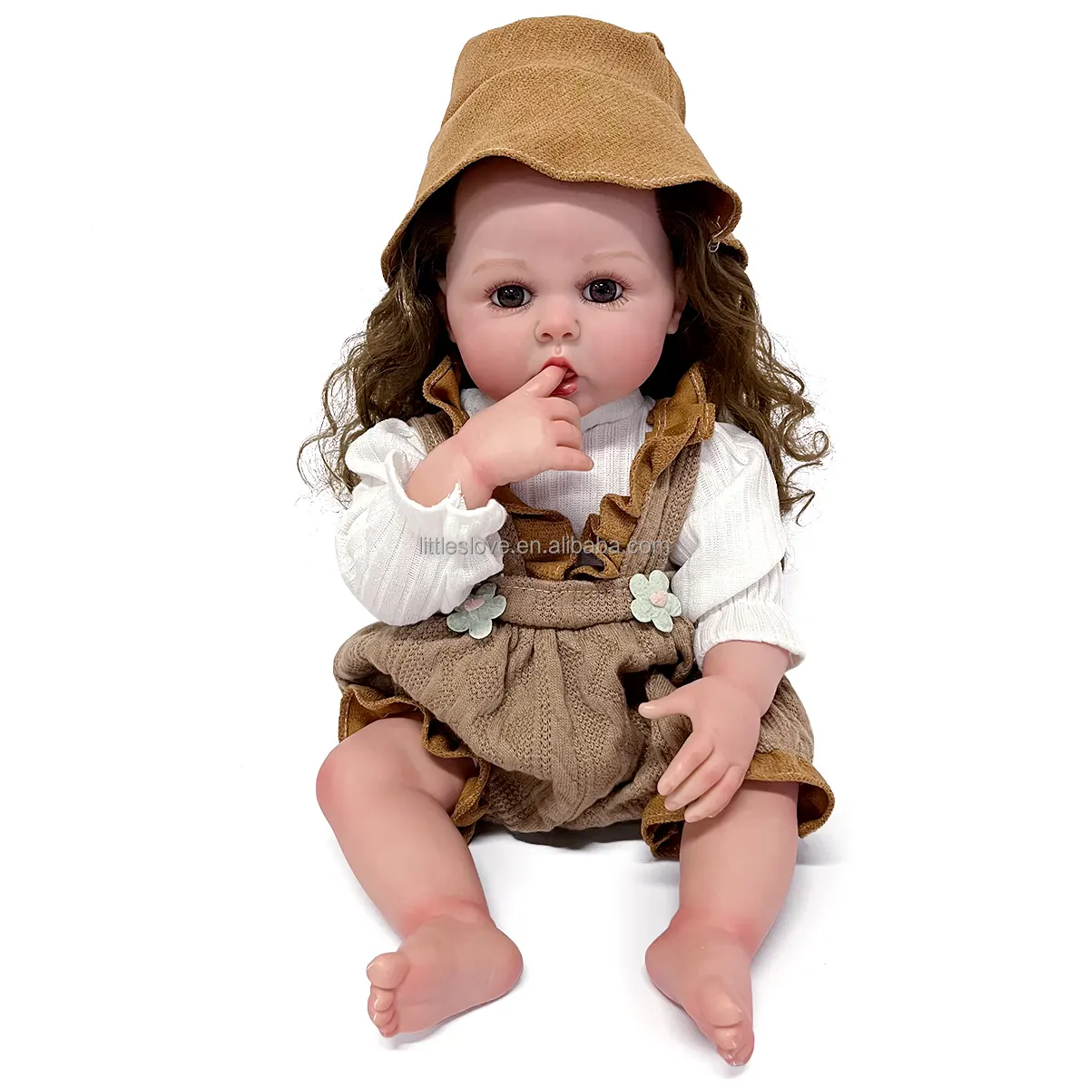 Poupée réaliste de 22 pouces avec yeux ouverts pour nouveau-né, fille nommée Erin avec yeux bruns et sucette pour bébé