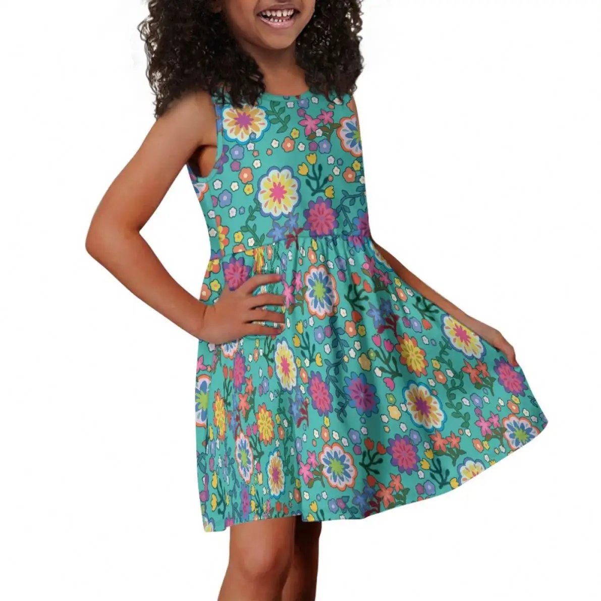 رخيصة بالجملة مورد ملابس الأطفال مخصص بلا أكمام تنورة الصيف للفتيات ملابس جيب الأزهار لمدة 10-11 سنة