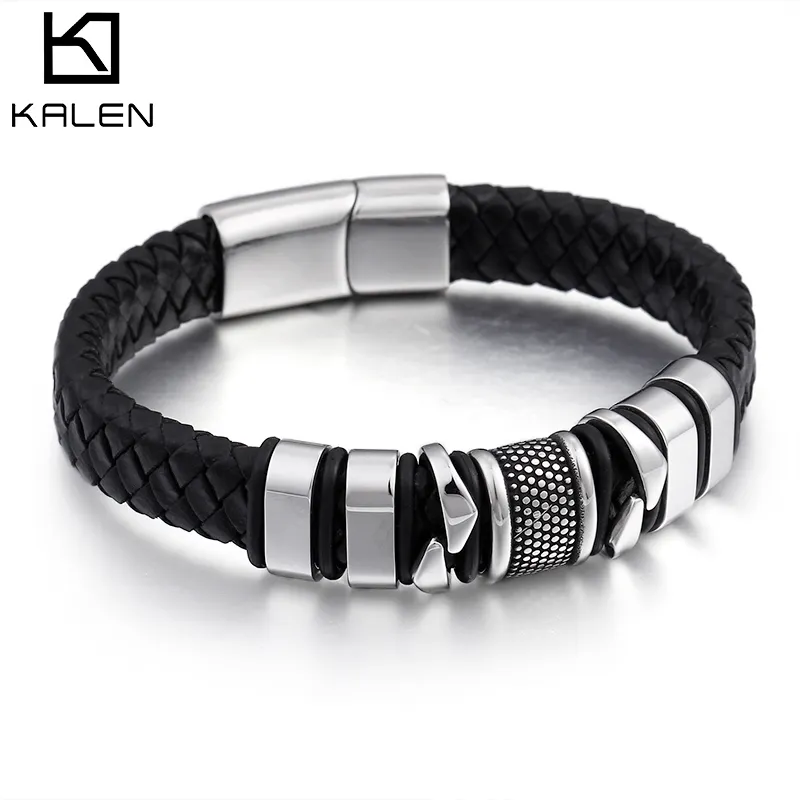 Pulseira de couro bovino trançado kalen, bracelete de aço inoxidável