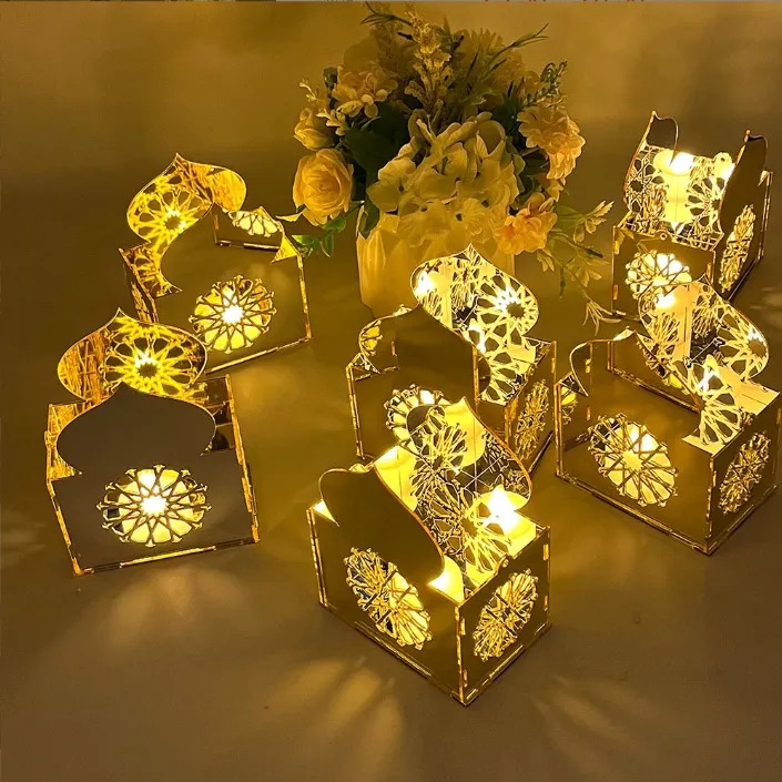 Islamico musulmano casa acrilico specchio oro ornamento tavolo Mubarak scatola di candela