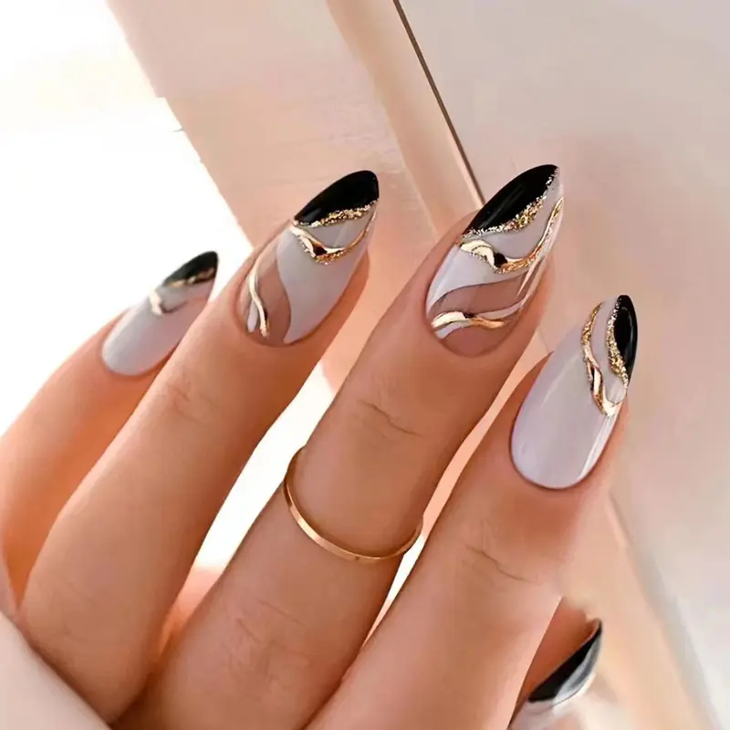 almond shape white and black color matching press on acrylic fake false nails artificial fingernails