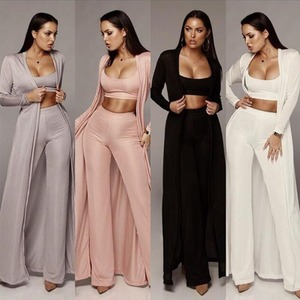 Women's Fashionable Casual Elastic Knit Three-Piece Solid Pattern <strong>Set</strong> for Spring Season - Product Image 2