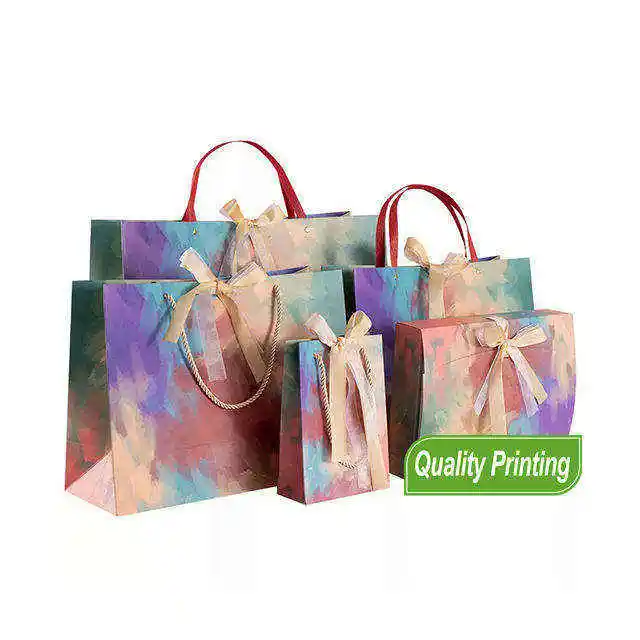Fashion Paper Gift Bags With Satin Ribbon Clothing Paper Bag With Bows For Gift Holiday Clothing Shopping Store