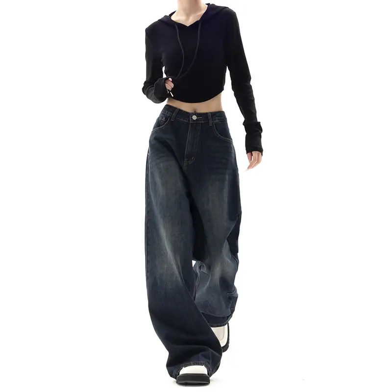 Kadın Streetwear Y2k geniş bacak boy Harajuku Denim pantolon sonbahar kore moda kot yüksek belli geniş bacak pantolon