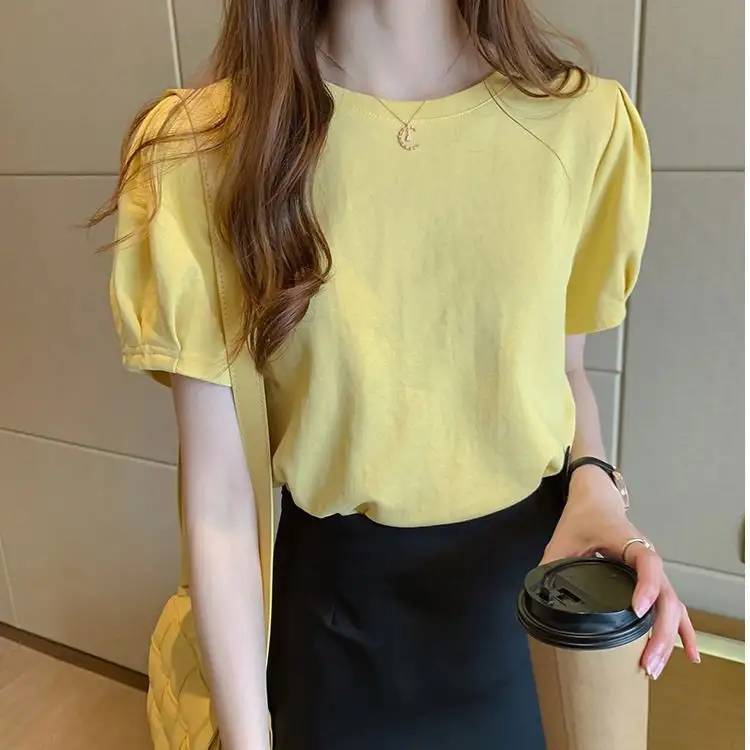 Camiseta holgada con cuello redondo y estampado de color sólido para mujer con diseño de Corea a la moda 2021
