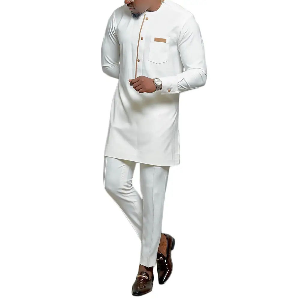 メンズホワイトダシキ2023新しいアフリカの伝統的なメンズ服ポケットボタンの2ピースセット結婚披露宴用のトップとパンツ