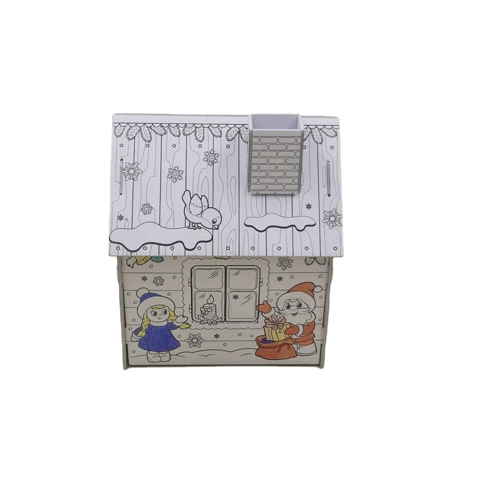 Pendidikan Anak-anak Lukisan Toy Colorful 3d Gambar Mainan Natal Kardus Diy Doodle Drawing Rumah dengan 5 Spidol