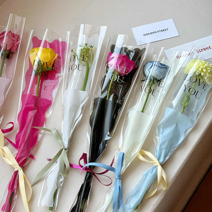 50pcs Rose Bouquet Wrapping Bag Single Rose Sleeve Bouquet Bag Waterproof Valentine's Day Single Rose Flower Packaging Bag