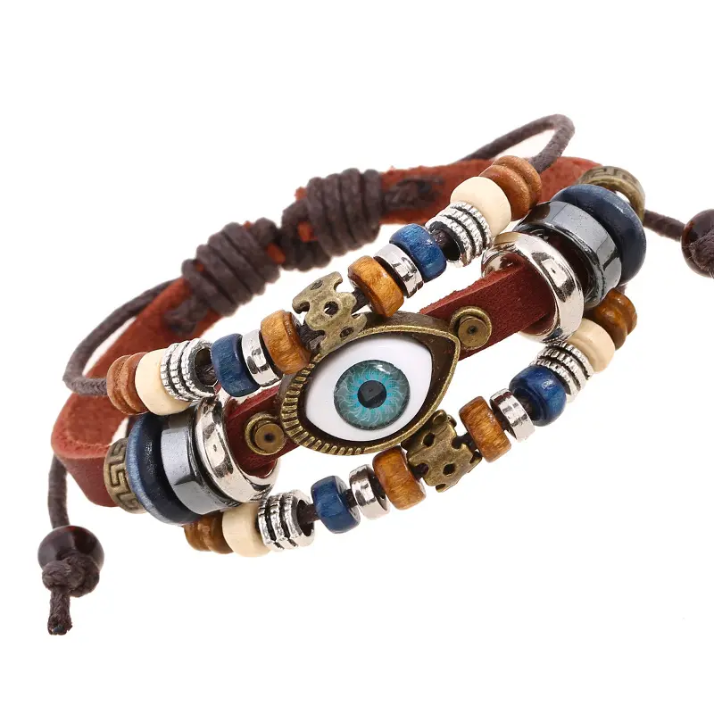 Pulsera de piel de vaca con cuentas de ojos del diablo para amantes, brazalete de cuero ajustable