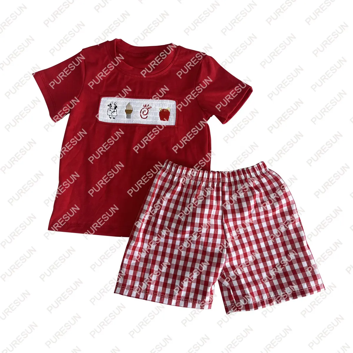 Puresun conjunto de roupas infantis fumado, design personalizado, roupas para bebês, atacado, vermelho, gingham, charuto, charmoso