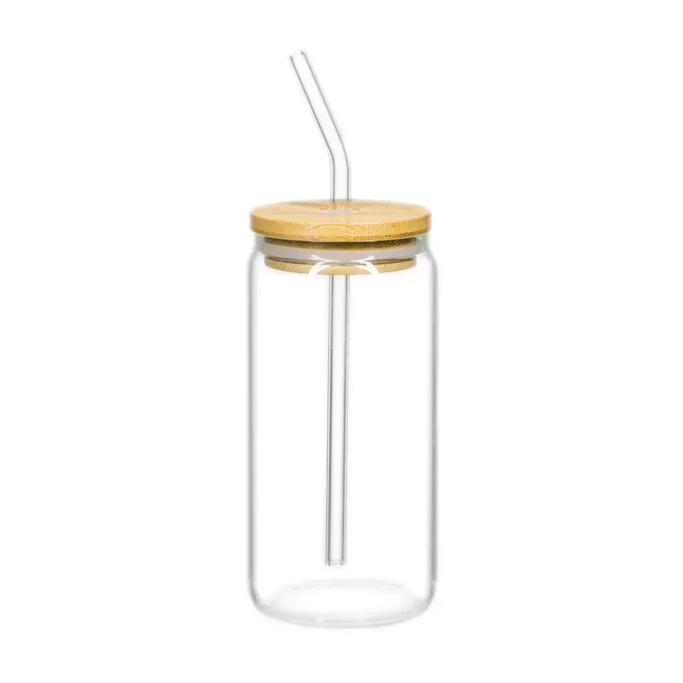 Vaso de borosilicato de vidrio transparente de Venta caliente con tapa de bambú y moda de paja para boda de fiesta