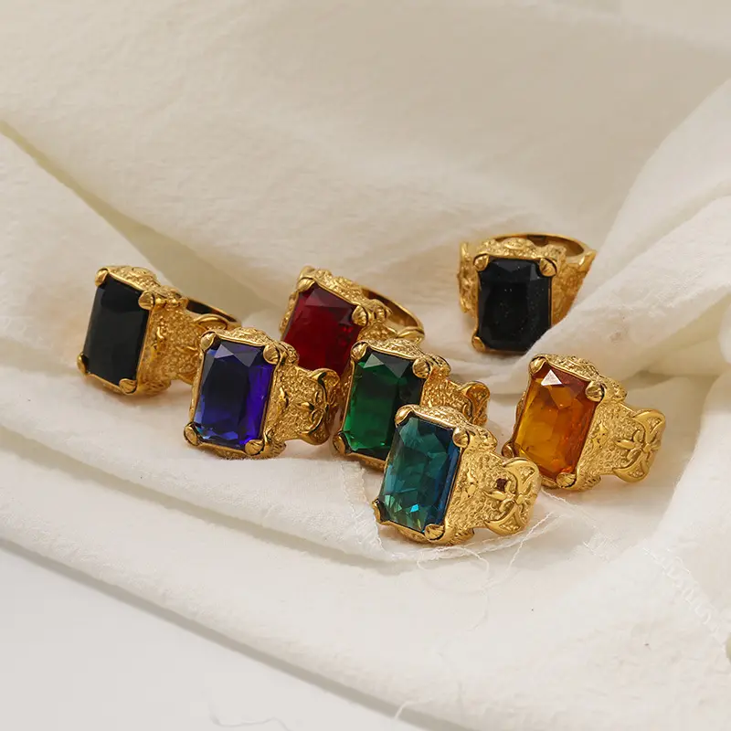 INS Fashion esagerano Punk squisito intagliato Multi colore grande gemma anello da donna in acciaio al titanio gioielli placcati oro 18 carati r-szs124