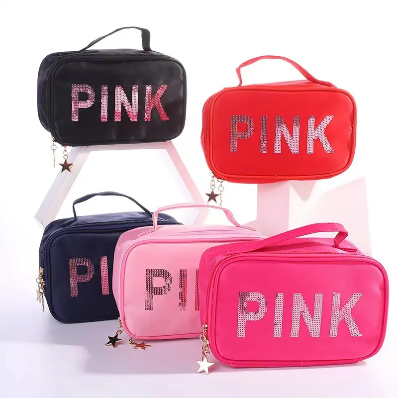 Logotipo personalizado compõem caso saco cosmético armazenamento mão saco saco quente rosa brilho festa presente saco
