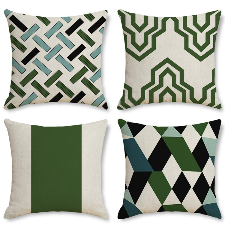 Luxury Style Green Linen Sofa Pillowcase Dark Green Geometric Pattern Pillowcase Bedside Decoration Cushion Cover
