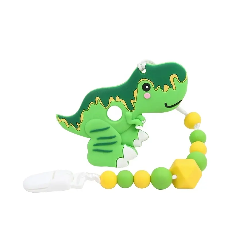 Low MOQ High Quality Dinosaur Shape Chew Baby Toy Safety Teether With Pacifier Clip