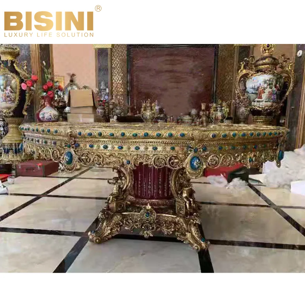 Mesa de comedor redonda de estilo barroco francés, Rey, porcelana pintada a mano, Louis Palace, Rojo, Ángel de cobre, Pedestal dorado