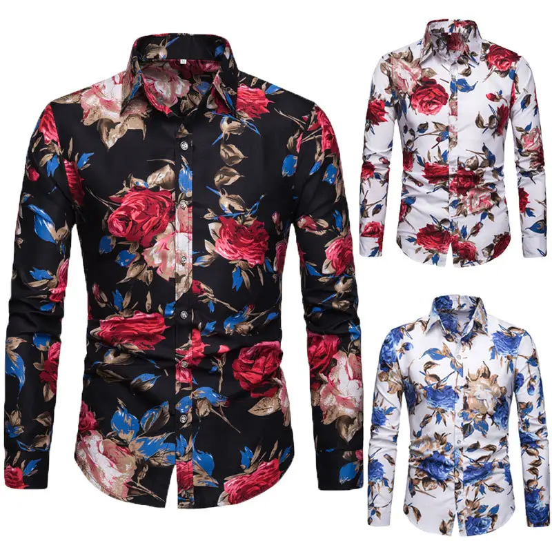 RNSHANGER, camisa informal con estampado de flores a la moda para hombre, camisas de manga larga hawaianas de talla grande, camisa de oficina ajustada para hombre