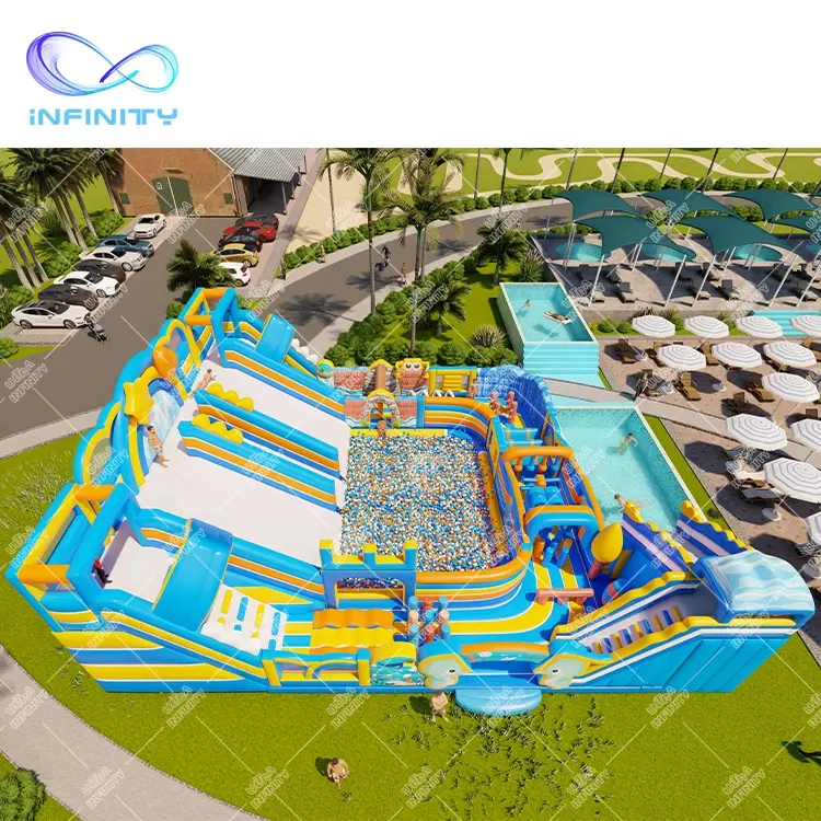 Parque de diversões inflável oceano, castelo de saltar, obstáculo, escorregador, piscina, adulto, parque de diversões com bola