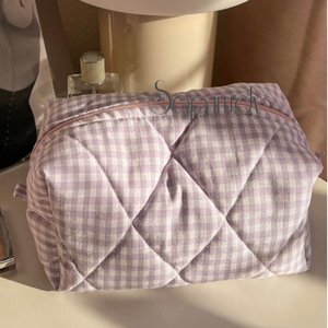 Özel Logo kadınlar taşınabilir taşıma tüm kozmetik çantası büyük kapasiteli kapitone damalı makyaj çantası tuvalet fermuarlı depo kılıfı - Product Image 4
