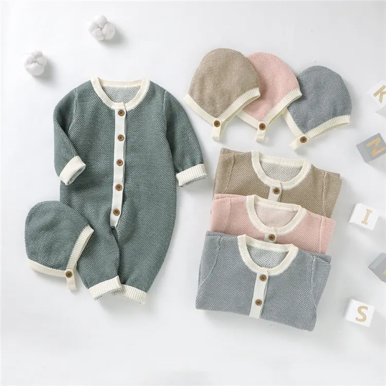 2024 tricoté bébé vêtements Offre Spéciale Ropa Para Bebes couleur unie bébé body avec chapeaux assortis