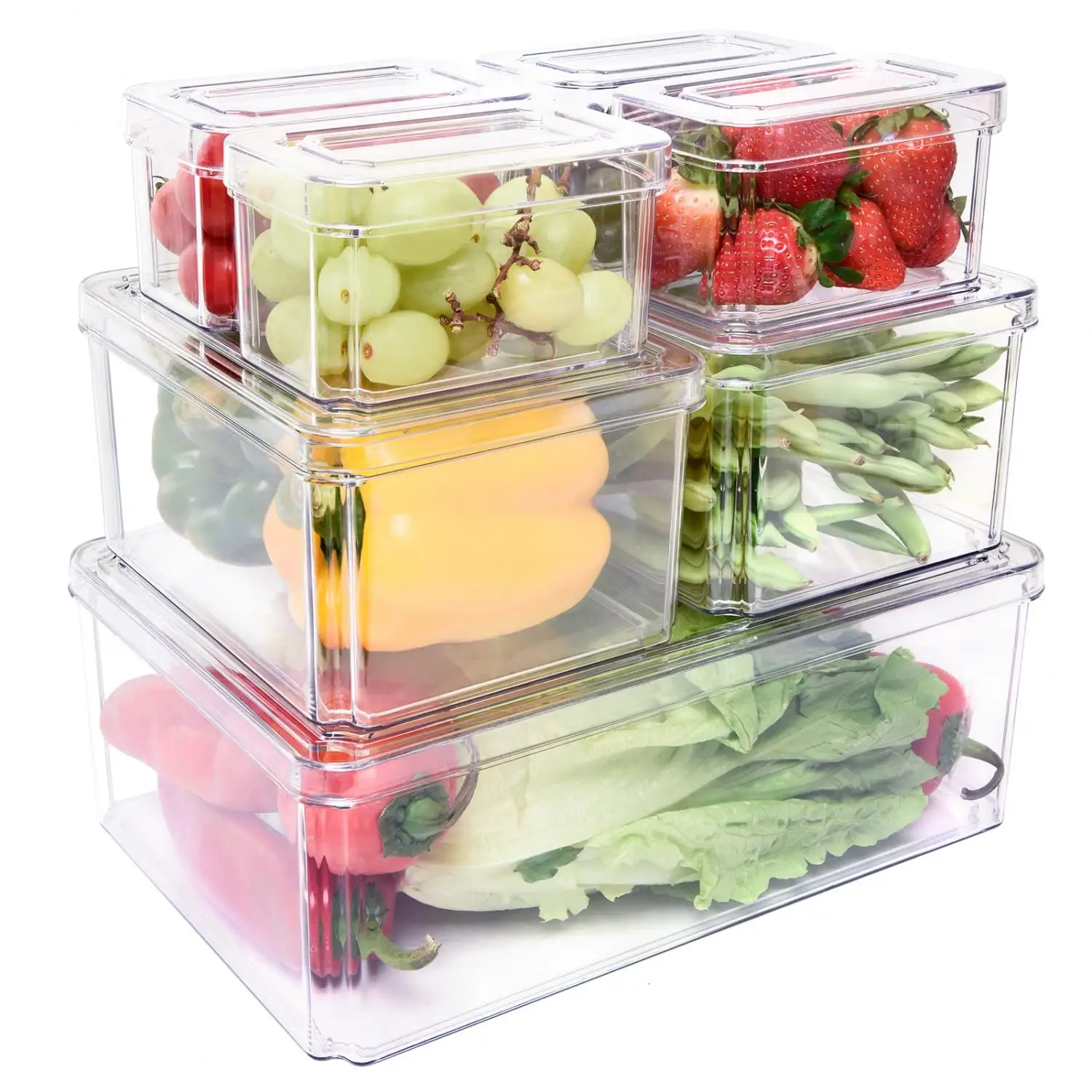 Conjunto de 7 caixa organizadora de armazenamento de geladeira, plástico transparente, empilhável, caixa com tampa