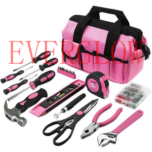 Customize Portable Wholesale Household Multi Function 24pcs DIY Hand <strong>Tool</strong> Kit Electrician Set in pink Cloth Tote <strong>Bag</strong> for Women