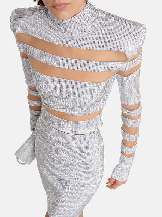 Ocstrade Ropa de alta moda Conjunto de minifalda de Club negro Empalme de malla sexy Top de diamante caliente y falda de diamante Conjunto de dos piezas