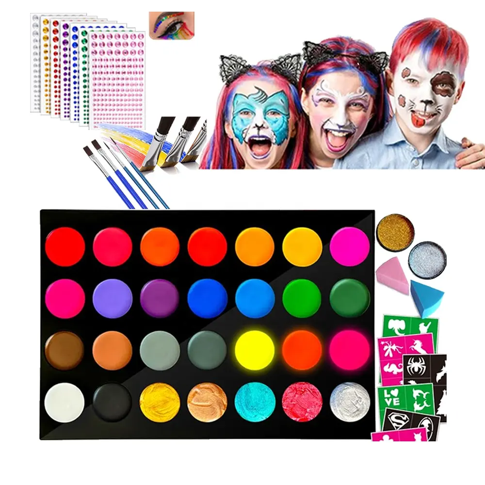 Kids Gift Non-toxic Glitter Temporary Tattoo Makeup Painting Body And Face Paint Kit with Stencils and Brushes