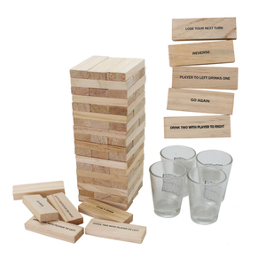 Torre de madera que cae Juego de fiesta apilable 60 bloques con tareas divertidas y comandos entretenidos con 4 vasos de vidrio Juego de beber