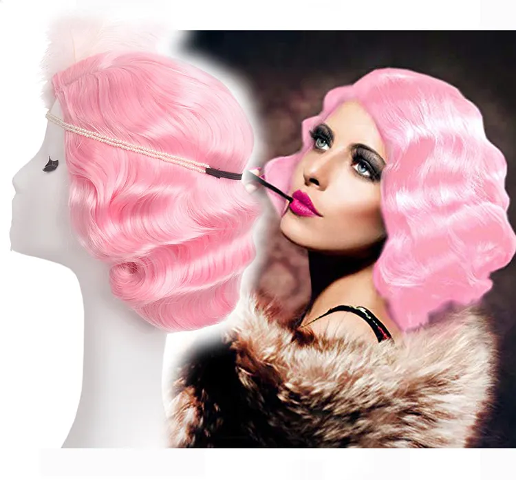 Peruca longa rosa holaíva de cabelo sintético, 20s retro europa cosplay para mulher com estilo de cabelo