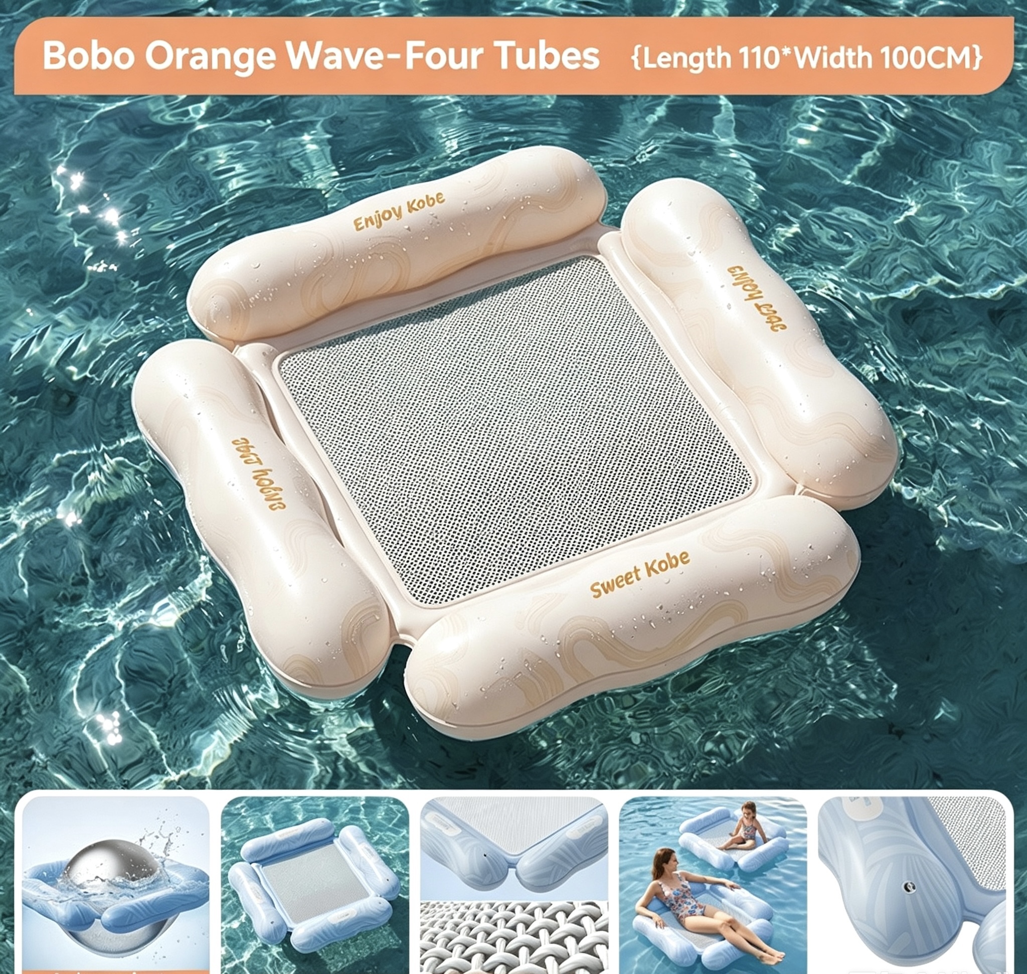 Naranja - Cuatro tubos - Flotador ondulado naranja - Fila flotante 110x100cm