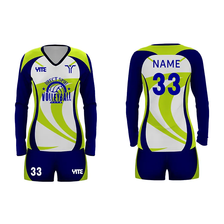 Uniformes de voleibol transpirables para mujer, jersey de voleibol de manga larga, de secado rápido, amarillo y azul