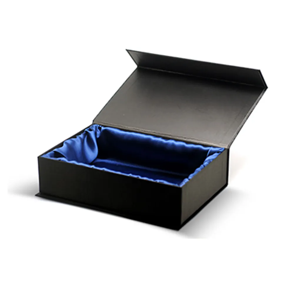 Benutzer definiertes Logo Starre Karton verpackung Magnet deckel verschluss Schwarz Buchform Stil Satin Geschenk boxen