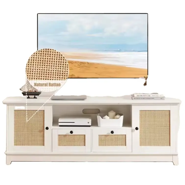 Modern TV Stand,63'' Media Console white entertainment center combines modern and sleek boho-chic aesthetics rattan TV stand