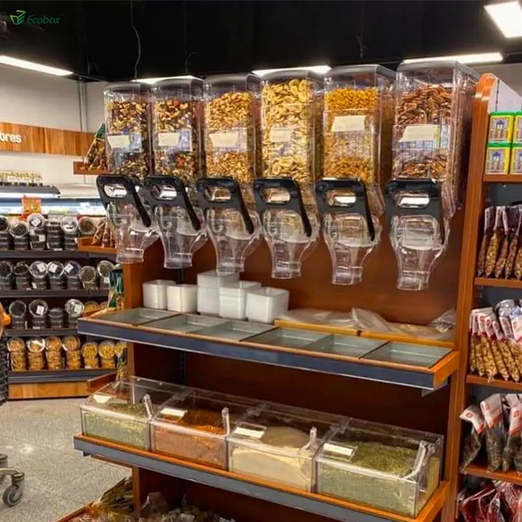 Supermercato parete di plastica trasparente dispenser di caramelle alla rinfusa cibo biscotto di cereali noci distributori di gravità bin