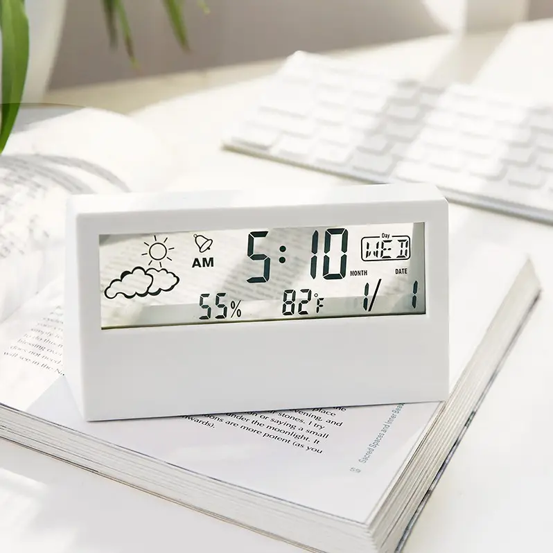 LCD Electric Desk Despertador Branco com Calendário e Temperatura Digital Umidade Modern home Office Watch Bateria Operado