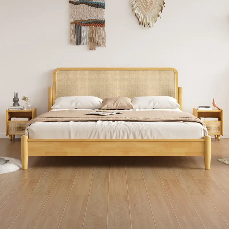 Mobili per camera da letto moderni naturali letti matrimoniali in legno di quercia Queen King Size in Rattan
