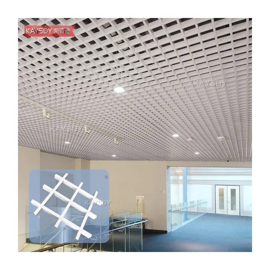 Pop-sistema de techo con diseños de 2x2 azulejos, tira de Metal prensado, rejilla de techo de aluminio compuesto de grano de madera