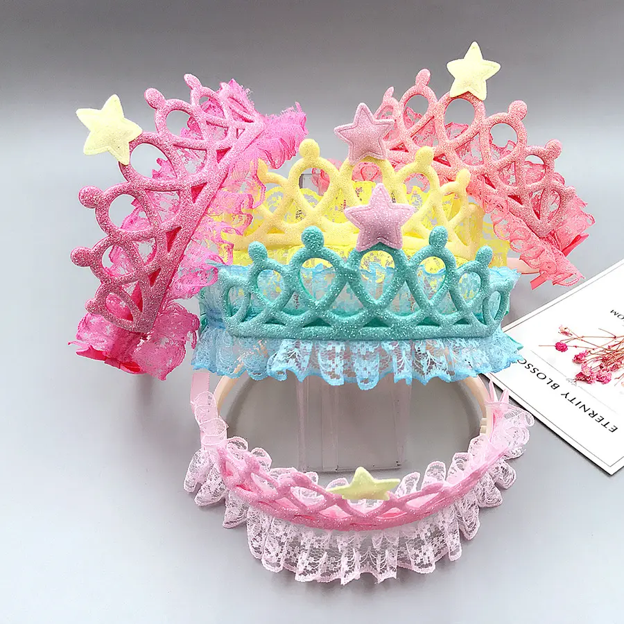 KHB009C-corona de tela hueca de estrella de cinco puntas, corona de encaje coreano, lentejuelas de Color caramelo, accesorios para el cabello para niños